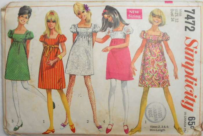 VINTAGE SIMPLICITY 7472 EMPIRE DRESS IN 2 LENGTHS SIZE 12 BUST 34 COMPLETE