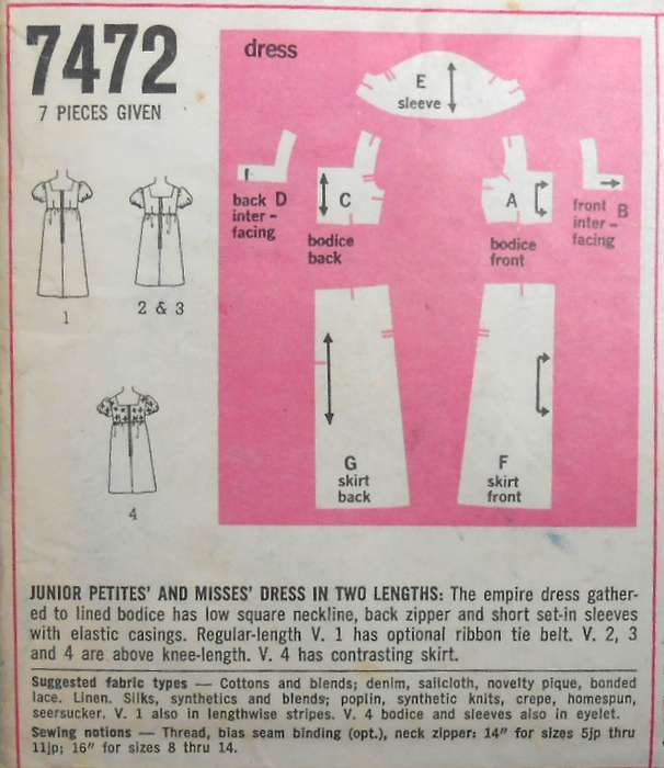 VINTAGE SIMPLICITY 7472 EMPIRE DRESS IN 2 LENGTHS SIZE 12 BUST 34 COMPLETE