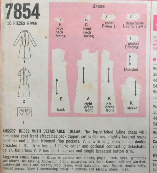 VINTAGE SIMPLICITY 7854 DRESS WITH DETACHABLE COLLAR SIZE 14 BUST 36 COMPLETE-UNCUT-F/FOLDED