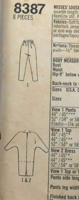 SIMPLICITY 8387 LOOSE FITTING PULLOVER DRESS-TOP-PANTS SIZE SMALL10-12 COMPLETE-UNCUT-F/FOLDED