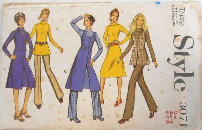 VINTAGE STYLE 3071 DRESS-TUNIC-SLEEVELESS JACKET-PANTS SIZE 14 BUST 36 COMPLETE-UNCUT-F/FOLDED
