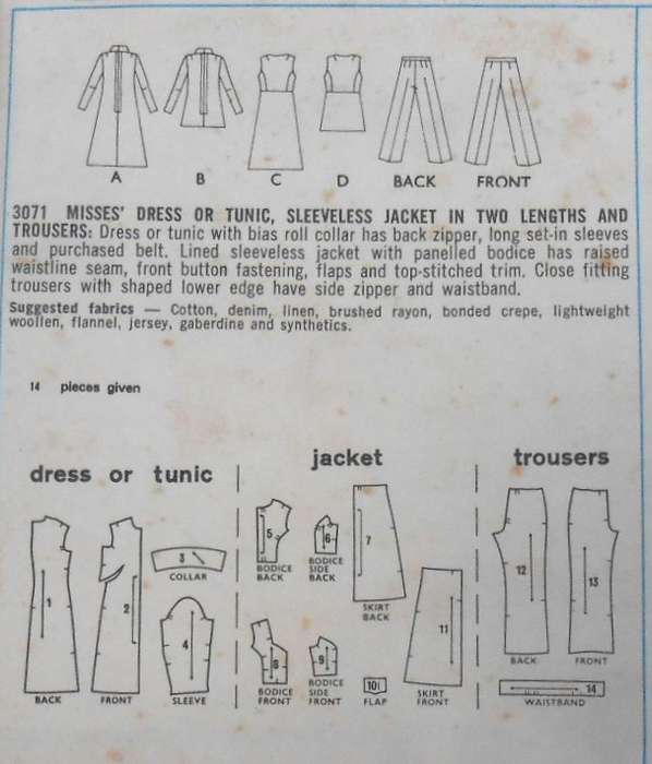 VINTAGE STYLE 3071 DRESS-TUNIC-SLEEVELESS JACKET-PANTS SIZE 14 BUST 36 COMPLETE-UNCUT-F/FOLDED