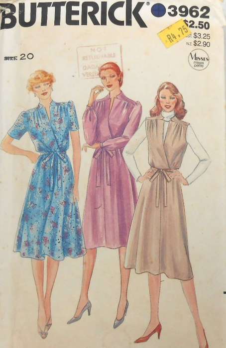 VINTAGE BUTTERICK 3962 MOCK WRAP LOOSE FITTING DRESS SIZE 20 COMPLETE-UNCUT-F/FOLDED