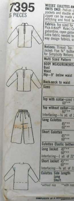 SIMPLICITY 7395 CULOTTES & UNLINED JACKET IN 2 LENGTHS+TOP SIZE PT-XL (6-24) COMPLETE-UNCUT-F/FOLDED