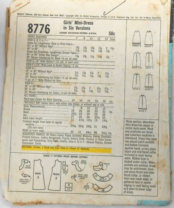 VINTAGE McCall's 8776 GIRLS MINIDRESS IN 6 VERSIONS SIZE 12 YEARS COMPLETE