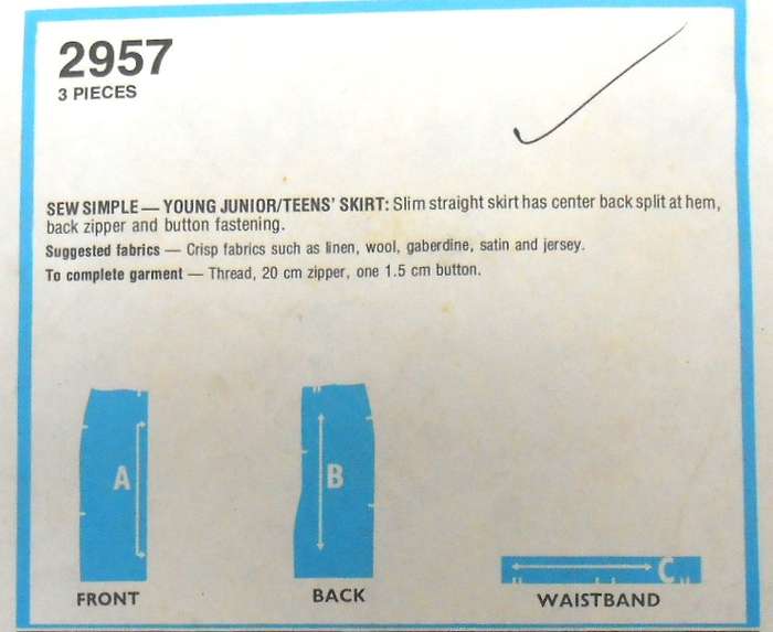 STYLE 2957 SLIM STRAIGHT SKIRT SIZES-11/12-13/14 TEEN COMPLETE