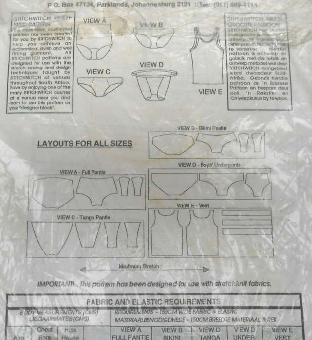 STITCHWITCH B015 UNDERWEAR FOR AGES 2-12 YEARS SEALED