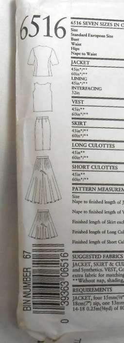 NEW LOOK PATTERNS 6516 SHORT JACKET-TOP-SKIRT-SPLIT PANTS SIZE 6-18 -COMPLETE-UNCUT-F/FOLDED
