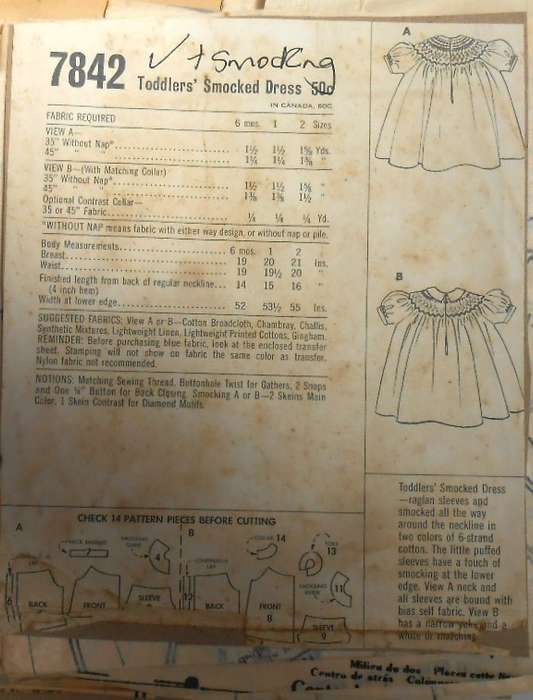 VINTAGE McCALLS  7842TODDLERS SMOCKED DRESS SIZE- 6 MONTHS COMPLETE-WITH SMOCKING-ZIPLOC