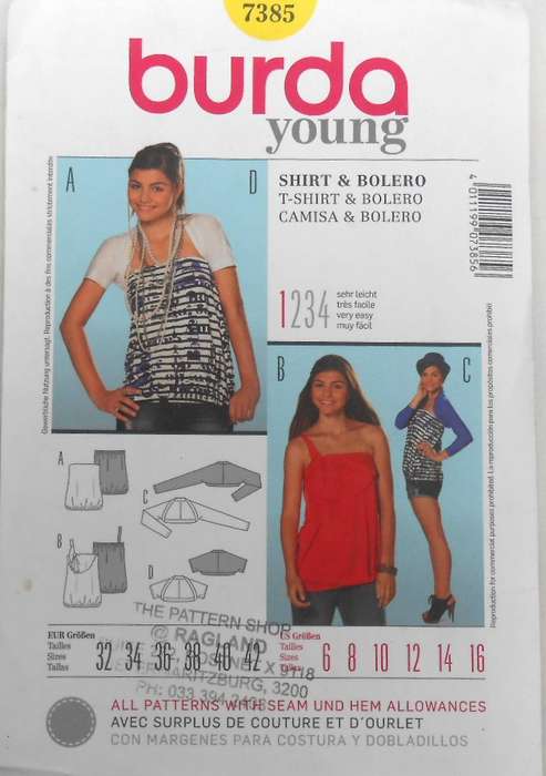 BURDA 7385 LADIES SHIRT-BOLERO SIZE 6-16 COMPLETE-UNCUT-F/FOLDED-ZIPLOC