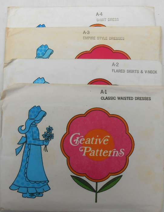 1975 CREATIVE PATTERNS A1 CLASSIC WAIST DRESS A2 FLARED SKIRT+V NECK A3 EMPIRE DRESS A4 SHIRT DRESS