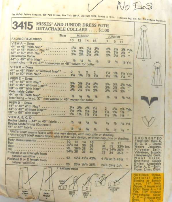 McCALLS  3415 DRESS WITH DETACHABLE COLLAR SIZE 14 BUST 36 COMPLETE-NO SEWING INSTRUCTIONS-ZIPLOC