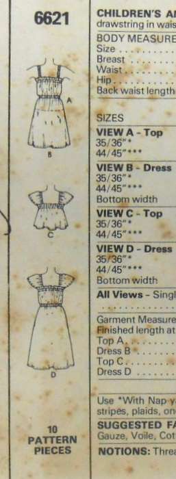 McCALLS 6621 GIRLS DRESS OR TOP S1ZE 6 YEARS COMPLETE