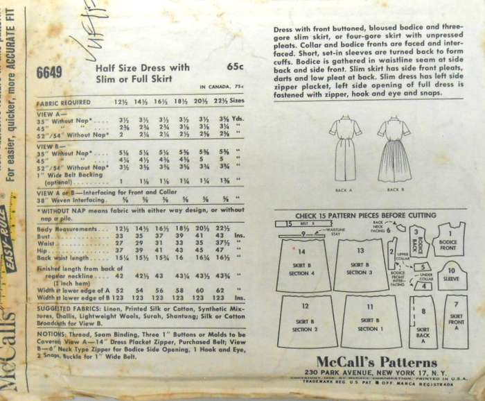 VINTAGE McCALLS 6649 HALF SIZE DRESS-SLIM OR FULL SKIRT S1ZE 14 1/2 BUST 36 COMPLETE-UNCUT-F/FOLDED