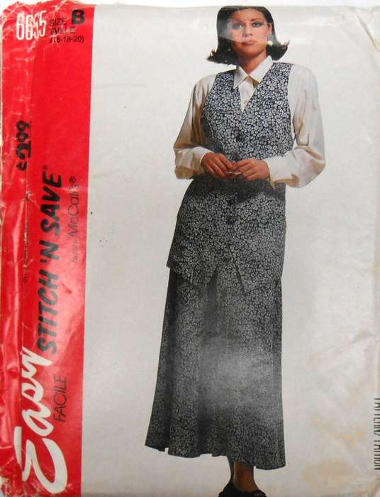 McCALLS 6855 LINED WAISTCOAT-SKIRT-BLOUSE S1ZE 16-18-20 COMPLETE-UNCUT-F/FOLDED