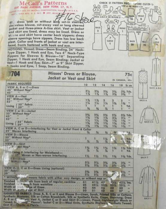 VINTAGE McCALLS 7704 DRESS-BLOUSE-JACKET-WAISTCOAT-SKIRT SIZE 18 BUST 38 SEE LISTING-ZIPLOC