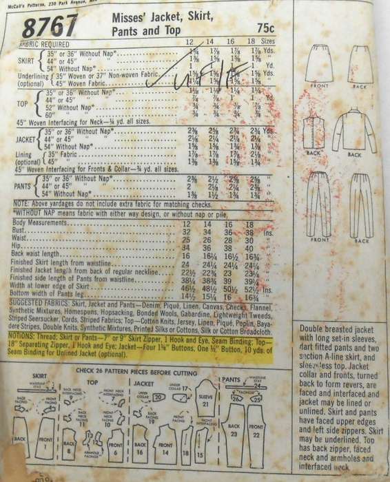 VINTAGE McCALLS 8767 JACKET-TOP-SKIRT-PANTS SIZE 16 BUST 36 COMPLETE-UNCUT-F/FOLDED-ZIPLOC