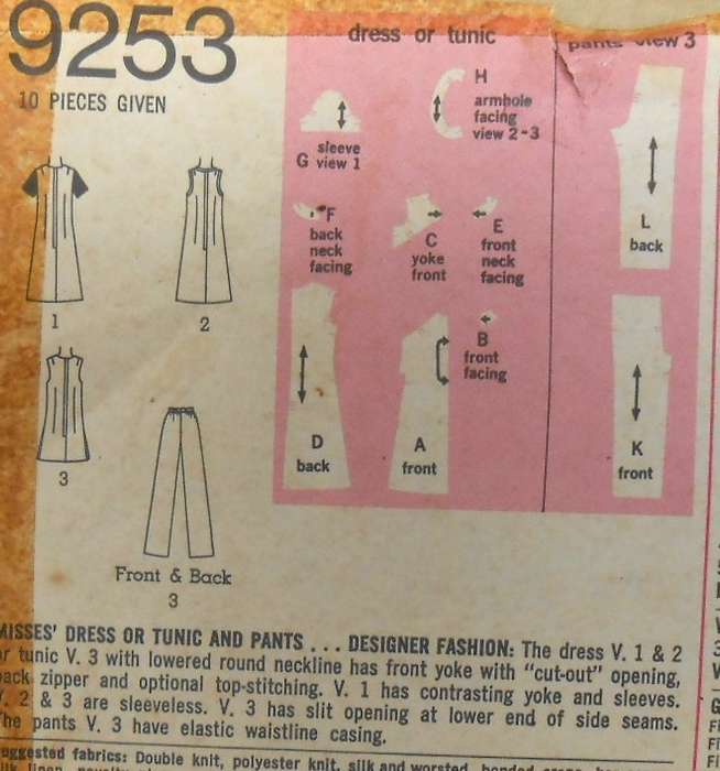 SIMPLICITY 9253 DESIGNER FASHION DRESS-TUNIC-PANTS SIZE 14 BUST 36 COMPLETE-ZIPLOC