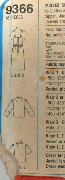 SIMPLICITY 9366 SIDE BUTTON DRESS & UNLINED JACKET SIZE 16 BUST 97 CM COMPLETE-UNCUT-F/FOLDED