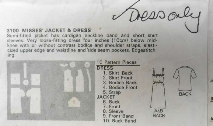 BUTTERICK 3100 LOOSE FITTING DRESS WITH SHOULDER STRAPS SIZE 8 - NO JACKET SUPPLIED