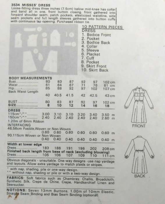 BUTTERICK 3534 LOOSE FITTING DRESS SIZE-14-16-18- COMPLETE-CUT TO 16