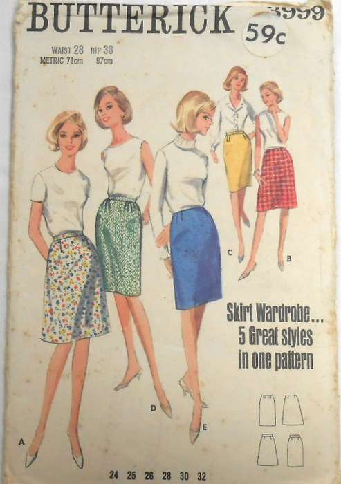 VINTAGE BUTTERICK 3999 SET OF SKIRTS SIZE WAIST 28 HIP 38 SKIRT STYLE 1 & 2 NOT SUPPLIED
