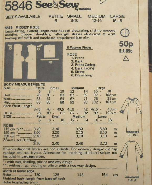 BUTTERICK 5846 ROBE SIZE SMALL 8-10 COMPLETE