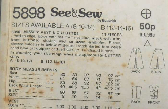BUTTERICK 5898 WAISTCOAT & CULOTTES SIZE 8-10-12 COMPLETE-CUT TO 12