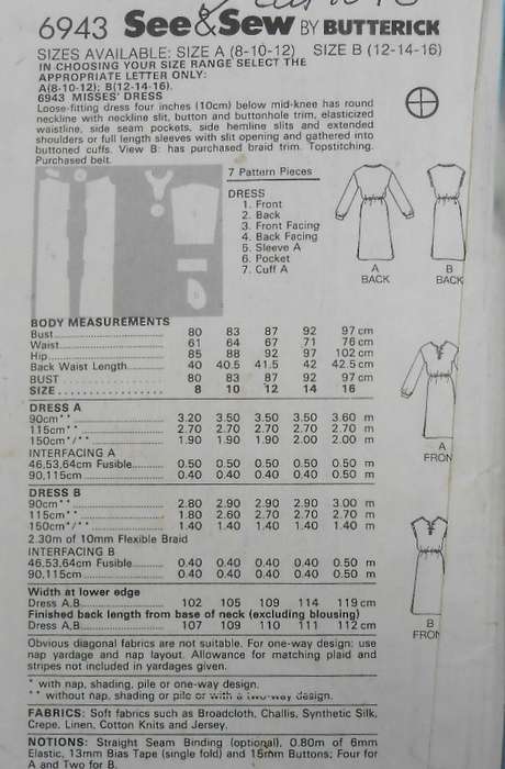 BUTTERICK 6943 LOOSE FITTING DRESS SIZE 12-14-16 COMPLETE-CUT TO 16
