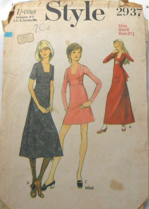 VINTAGE STYLE 2937 DRESS IN 3 LENGTHS WITH SQUARE NECKLINE SIZE 8 BUST 31 1/2 COMPLETE-ZIPLOC