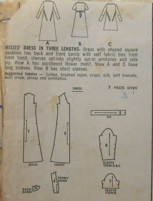 VINTAGE STYLE 2937 DRESS IN 3 LENGTHS WITH SQUARE NECKLINE SIZE 8 BUST 31 1/2 COMPLETE-ZIPLOC