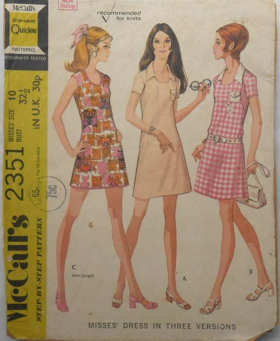 VINTAGE McCALLS 2351 DRESS IN 3 VERSIONS SIZE 10 BUST 32 1/2" COMPLETE-ZIPLOC
