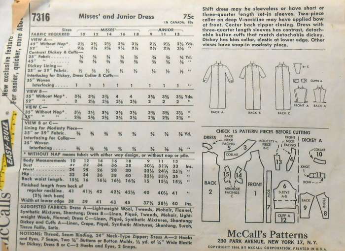 V/VINTAGE McCALLS 7316 MISSES DRESS SIZE 10 COMPLETE-ZIPLOC