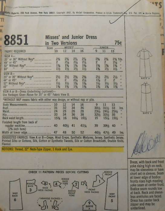 VINTAGE McCALLS 8851 DRESS IN 2 VERSIONS SIZE 10 BUST 31 COMPLETE-ZIPLOC