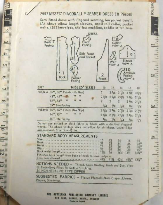 V/VINTAGE BUTTERICK 2997 DIAGONALLY SEAMED DRESS SIZE 10 BUST 31 COMPLETE-ZIPLOC