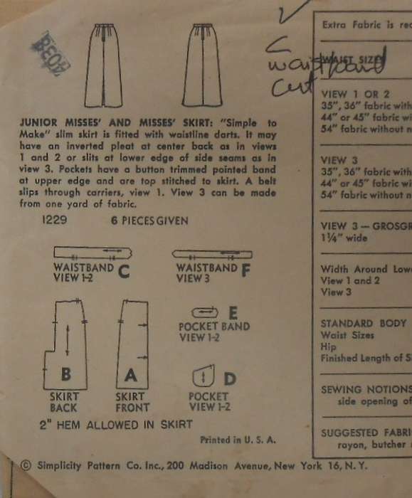 VINTAGE SIMPLICITY 1229 SKIRT WAIST 23 1/2 HIP 32 - WAISTBAND NOT SUPPLIED