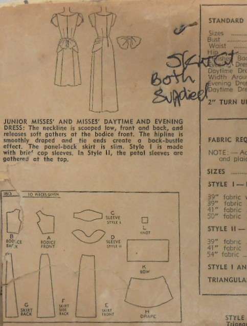 VINTAGE SIMPLICITY 1813 DAYTIME AND EVENING DRESS SIZE 12 BUST 30 COMPLETE-ZIPLOC