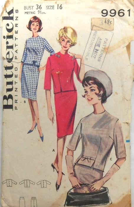 VINTAGE BUTTERICK 9961 TWO PIECE DRESS SIZE 16 BREAST 36 COMPLETE-ZIPLOC