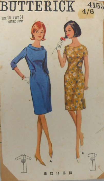 VINTAGE BUTTERICK 4155 ONE PIECE DRESS SIZE 10 BUST 31 COMPLETE-ZIPLOC