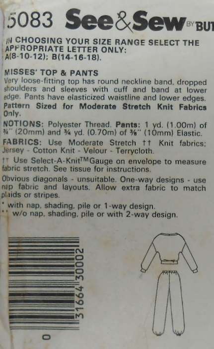 BUTTERICK 5083 TRACKSUIT PANTS & TOP SIZE 14-16-18 COMPLETE-ONLY PANTS CUT TO 18-ZIPLOC