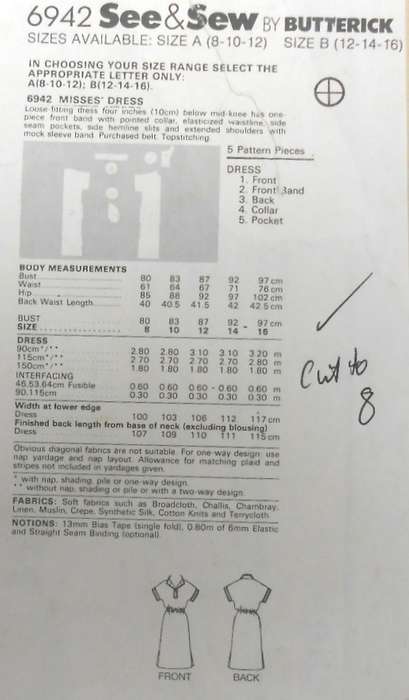 BUTTERICK 6942 LOOSE FITTING DRESS SIZE 8-10-12 COMPLETE-CUT TO 8-ZIPLOC