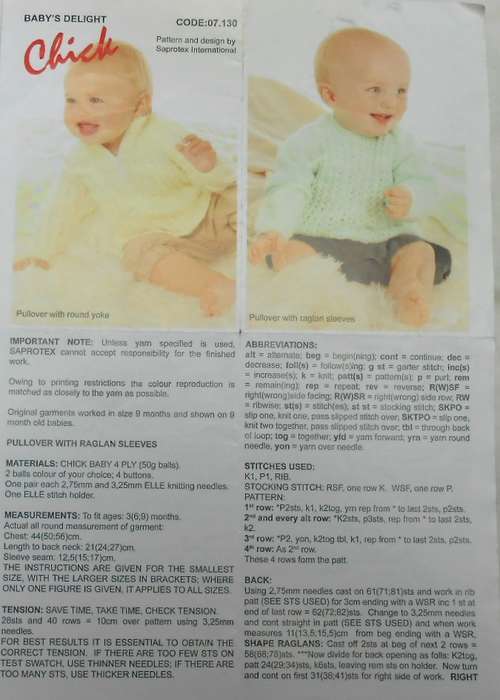 CHICK 07.130 PULLOVER WITH RAGLAN SLEEVES & PULLOVER WITH ROUND YOKE TO FIT 3 - 9 MONTHS