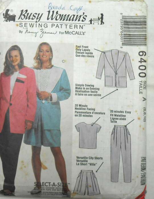 McCALLS 6400 UNLINED JACKET-TOP-PANTS-SHORTS SIZE 6-8-10 COMPLETE-CUT TO 10