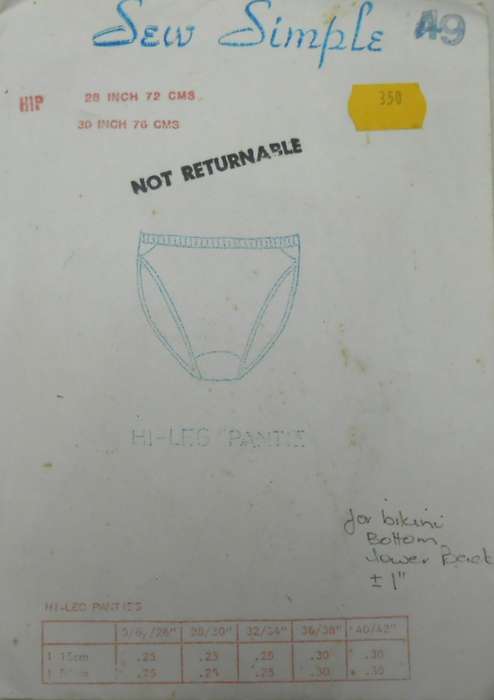 SEW SIMPLE PATTERNS 49 HI LEG PANTIES SIZES 28" - 30"or 72-76 cm COMPLETE