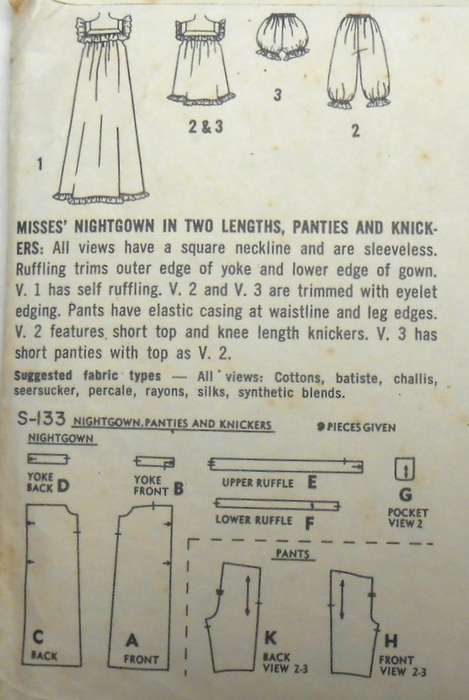 V/VINTAGE SIMPLICITY S-133 LADIES NIGHITIES-PANTS-KNICKERS SIZE 16 BUST 34-COMPLETE