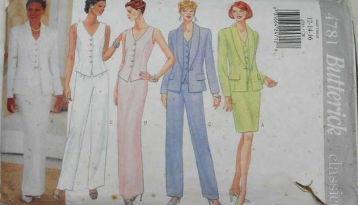 BUTTERICK 4781 JACKET-TOP-SKIRT-PANTS SIZE 12-14-16 COMPLETE-CUT TO 16