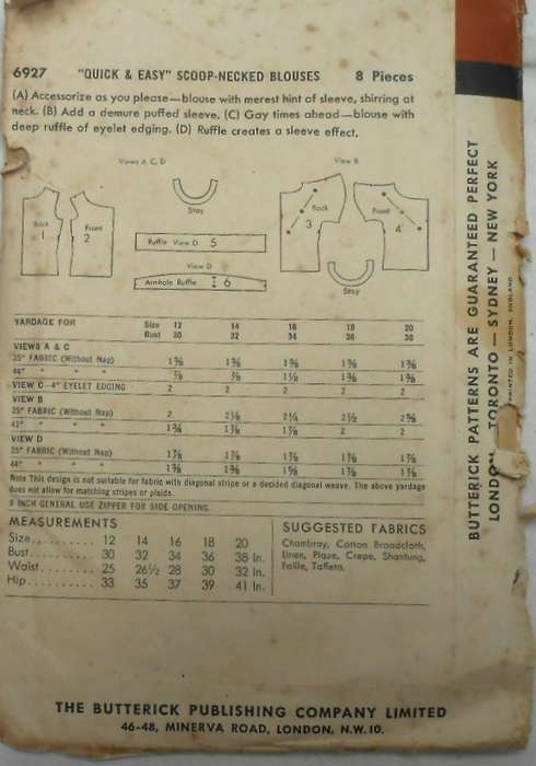 V/VINTAGE BUTTERICK 6907 SCOOP NECK BLOUSES SIZE 12 COMPLETE-ZIPLOC