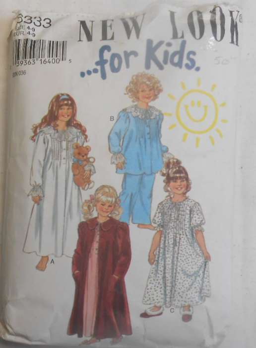 NEW LOOK PATTERNS 6333 KIDS PJS-NIGHTIE-GOWN SIZES 4-9 YEARS COMPLETE-PART CUT TO 9 YEARS-ZIPLOC