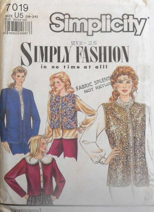 SIMPLICITY 7019 UNLINED JACKET & WAISTCOAT IN 2 LENGTHS SIZE 16-24 COMPLETE-CUT TO 24
