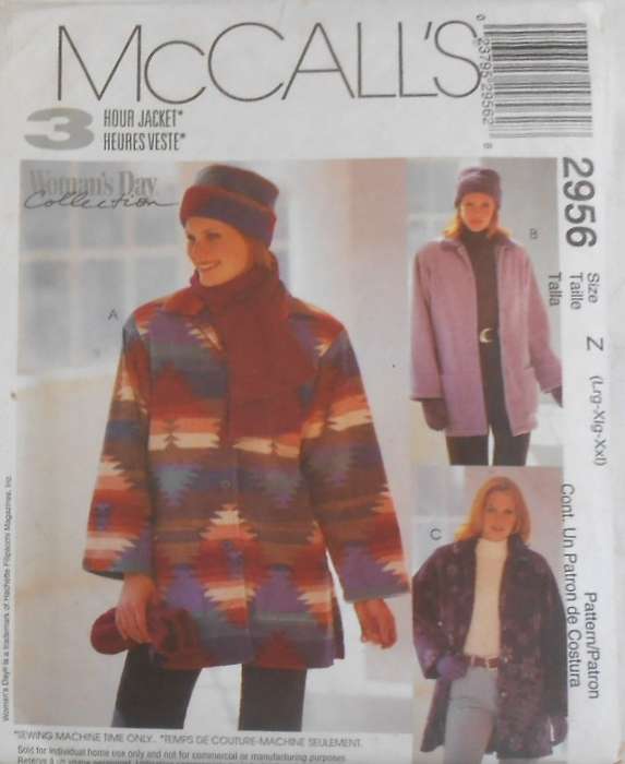 McCALLS 2956 UNLINED JACKET-HAT-SCARF-MITTENS SIZE L-XL-XXL (16-26)-COMPLETE-UNCUT-F/FOLDED